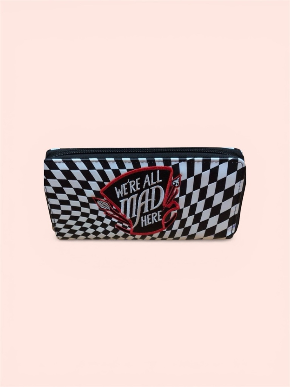 Black & White Checkered Zip Wallet with 'We're All Mad Here' Patch